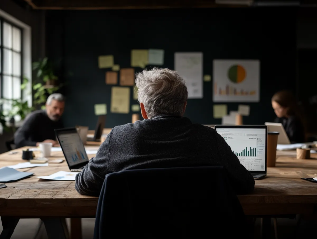 Equipe de análise de mercado em reunião profissional
